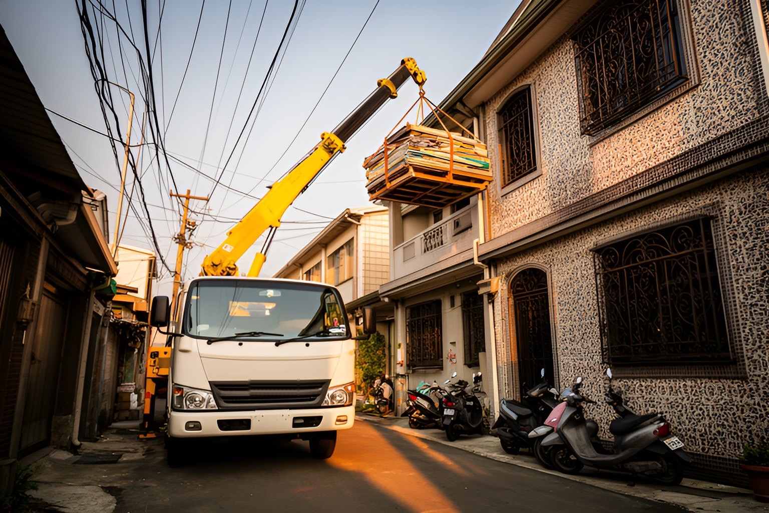巷子裡的隨車吊把一整板建材吊向透天厝頂樓