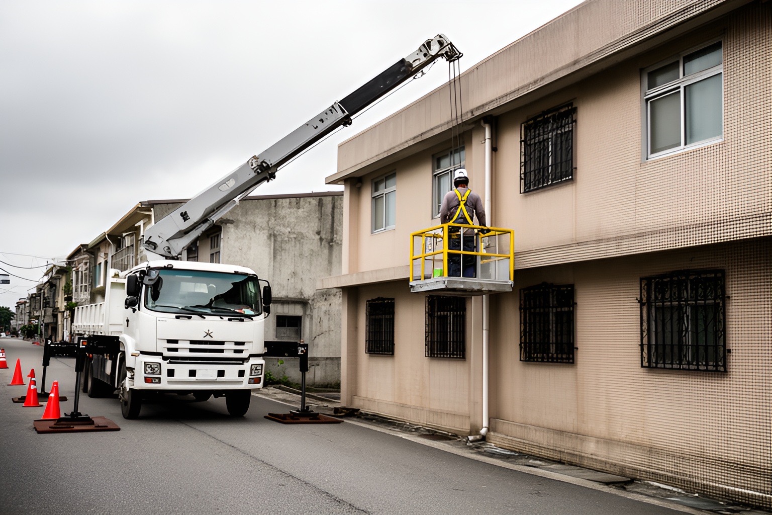 白色吊卡車停在路邊、撐腳墊著鐵板，吊臂吊著黃色欄杆的載人吊籃，戴白色安全帽、穿全身背負式安全帶的工人在住宅外牆旁作業