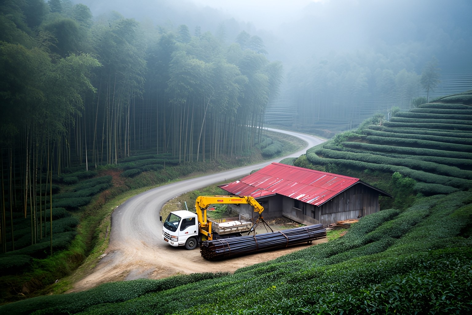 山區茶園旁的彎路上,隨車吊停在鐵皮屋前卸下鋼材